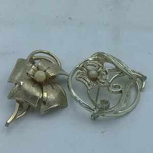Two Goldtone Pearl and Floral Brooches